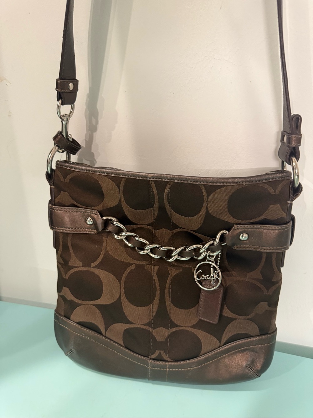 Coach Brown Signature Chain-Trim Crossbody Bag Y2K vintage